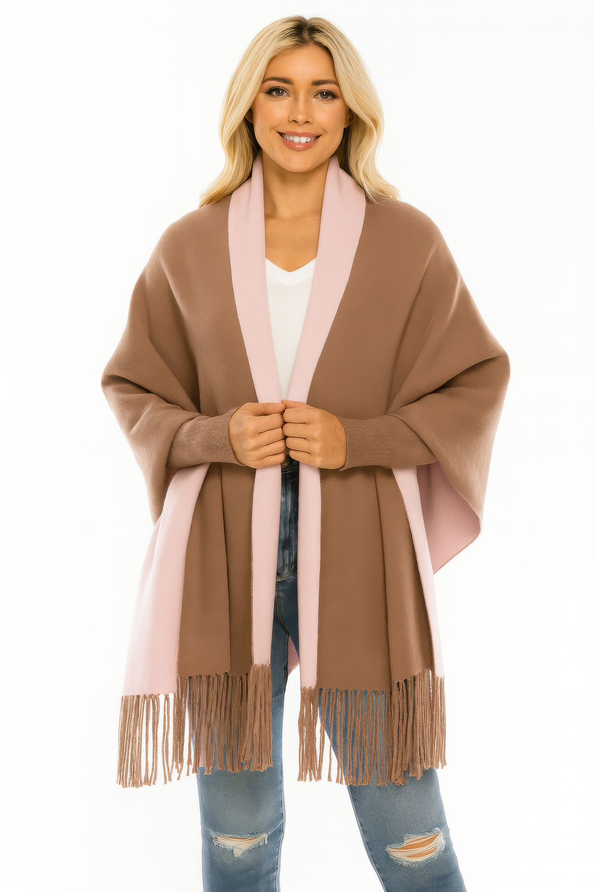Colorblock Fringe-trimmed Open Wrap