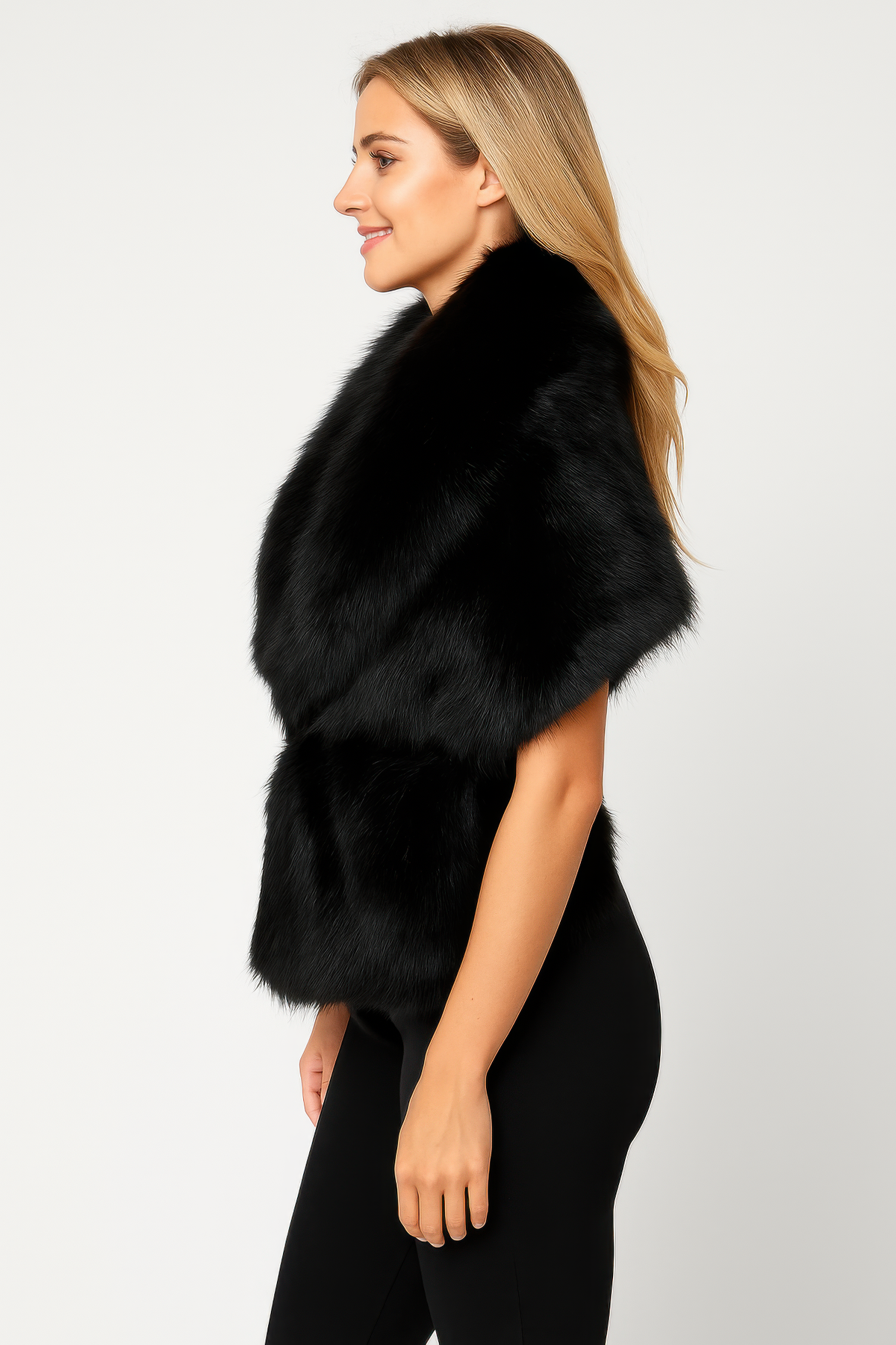 Black Sleeveless Faux Fur Vest With Cinched Waist