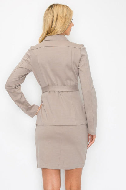 Ls Belted Button Up Jacket &amp; Pencil Skirt Set