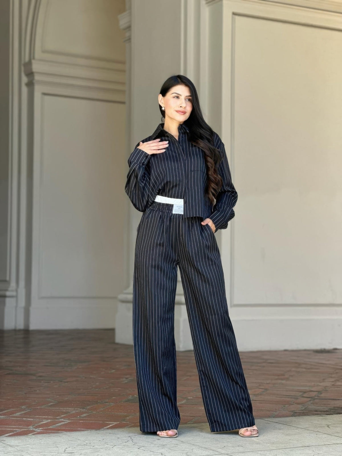 Striped Set With Double Waistband Pants And Top
