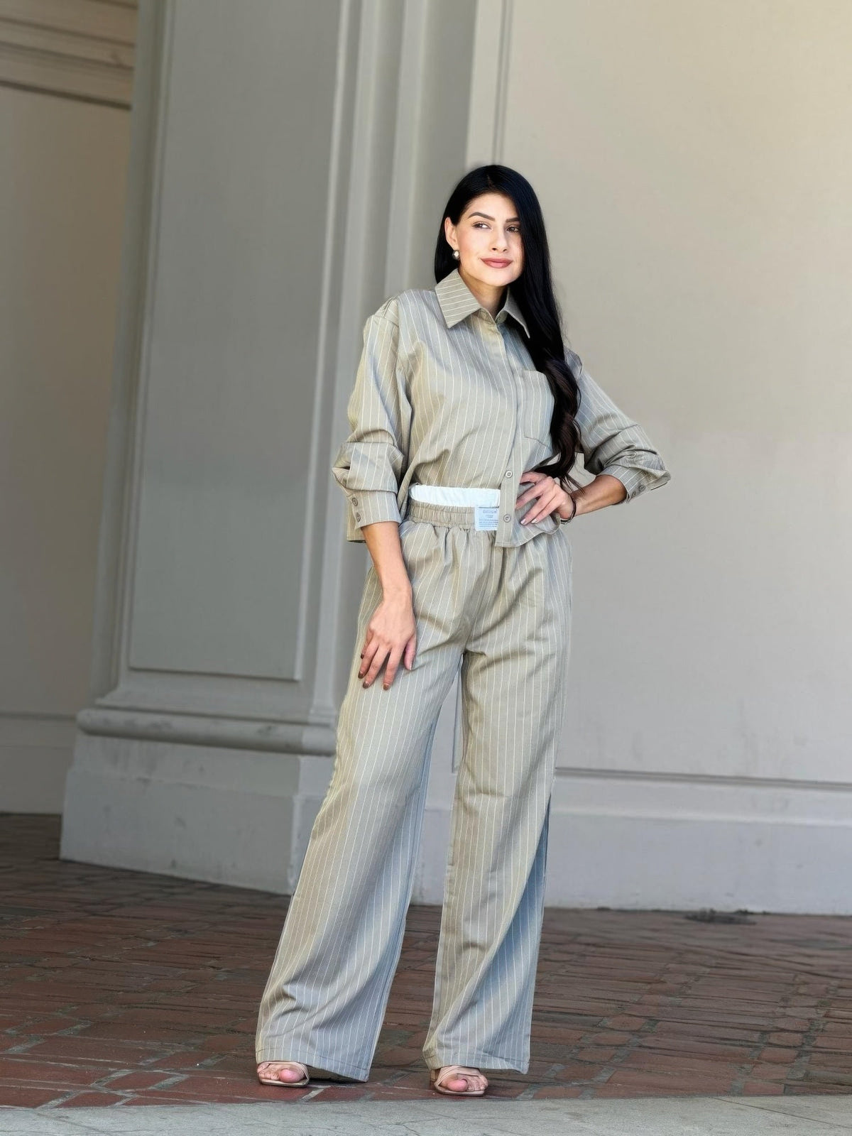 Striped Set With Double Waistband Pants And Top
