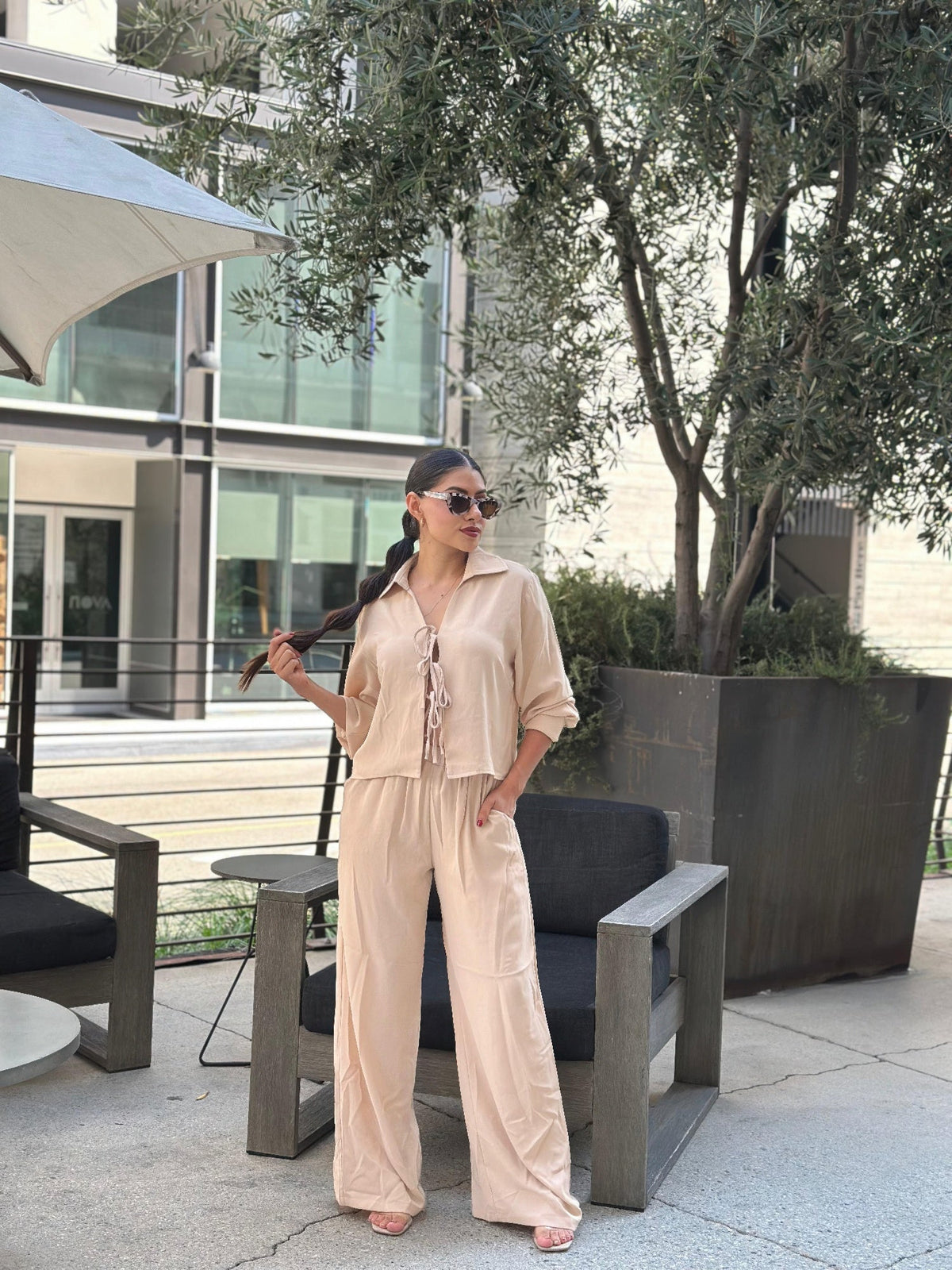 Casual Wide Leg Pants &amp; Long Sleeve Front Tie Set