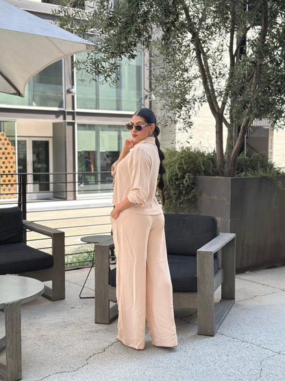 Casual Wide Leg Pants &amp; Long Sleeve Front Tie Set
