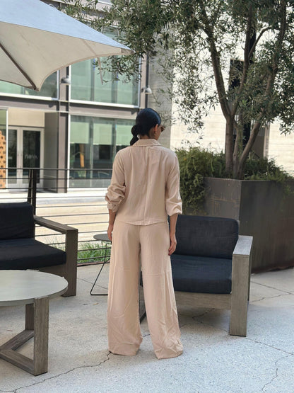 Casual Wide Leg Pants &amp; Long Sleeve Front Tie Set