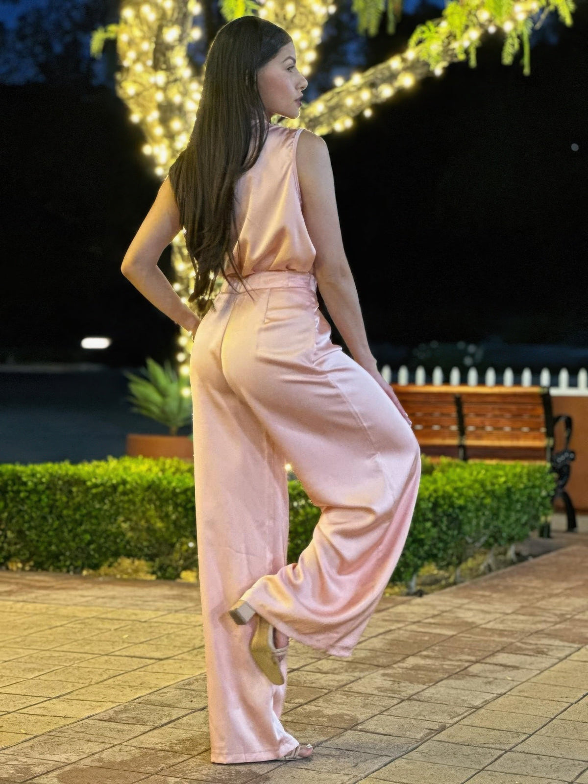 Satin Wide Leg Pants &amp; Flower Sleeveless Top Set