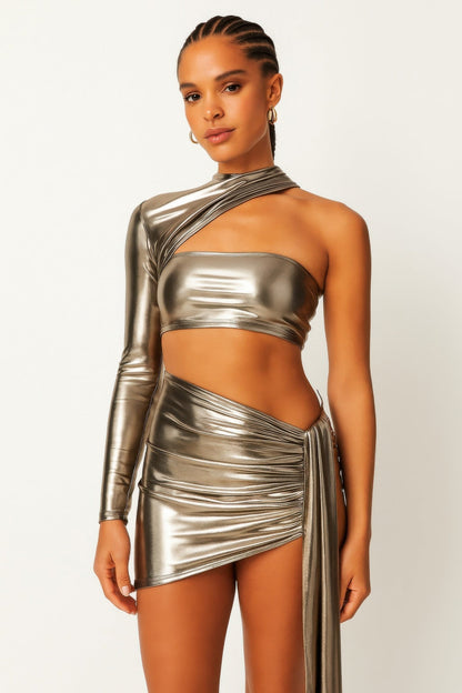 One Sleeve Metallic Top &amp; Skirt Set