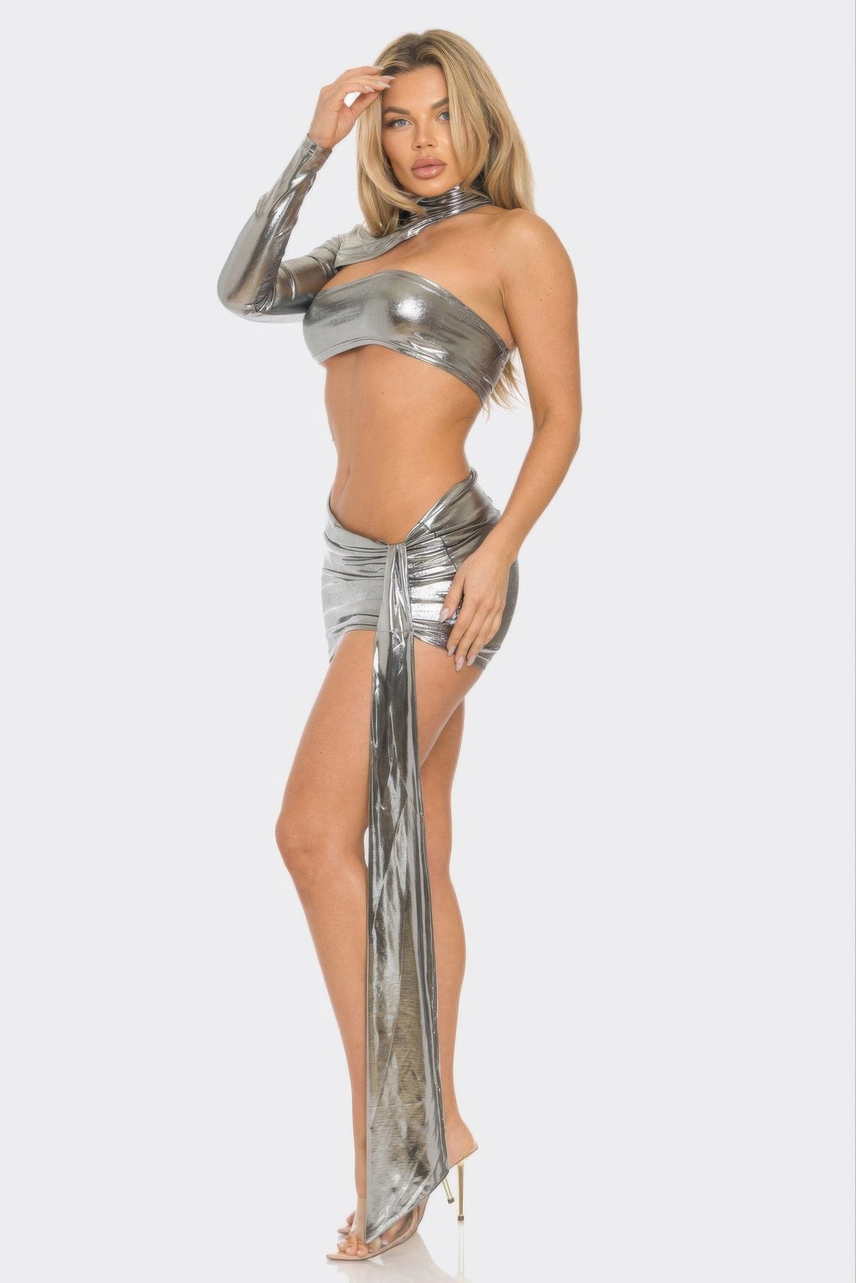One Sleeve Metallic Top &amp; Skirt Set