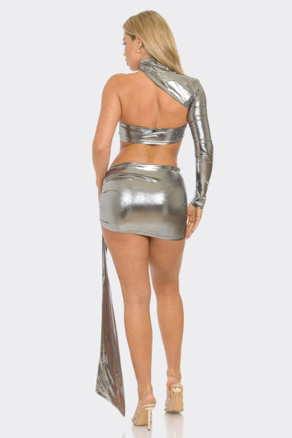 One Sleeve Metallic Top &amp; Skirt Set