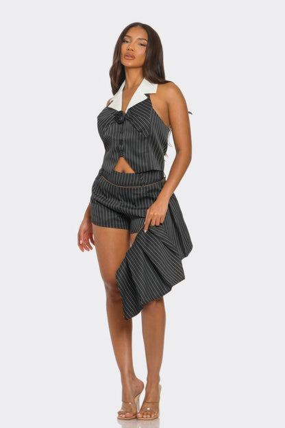 Collared Vest Pleated Skort Set