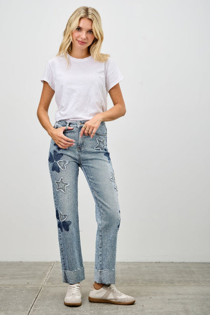 High Rise Star &amp; Heart Patched Dad Jean W/stretch