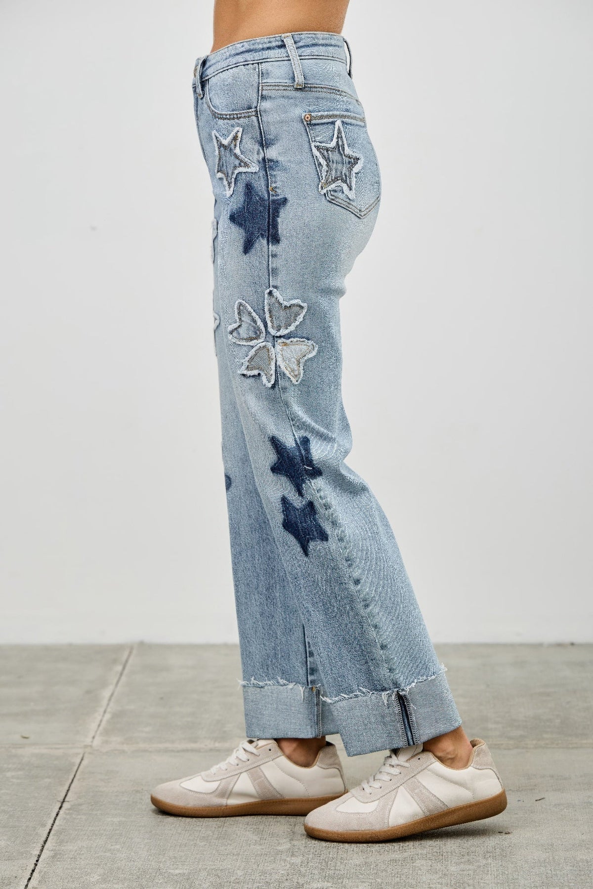 High Rise Star &amp; Heart Patched Dad Jean W/stretch