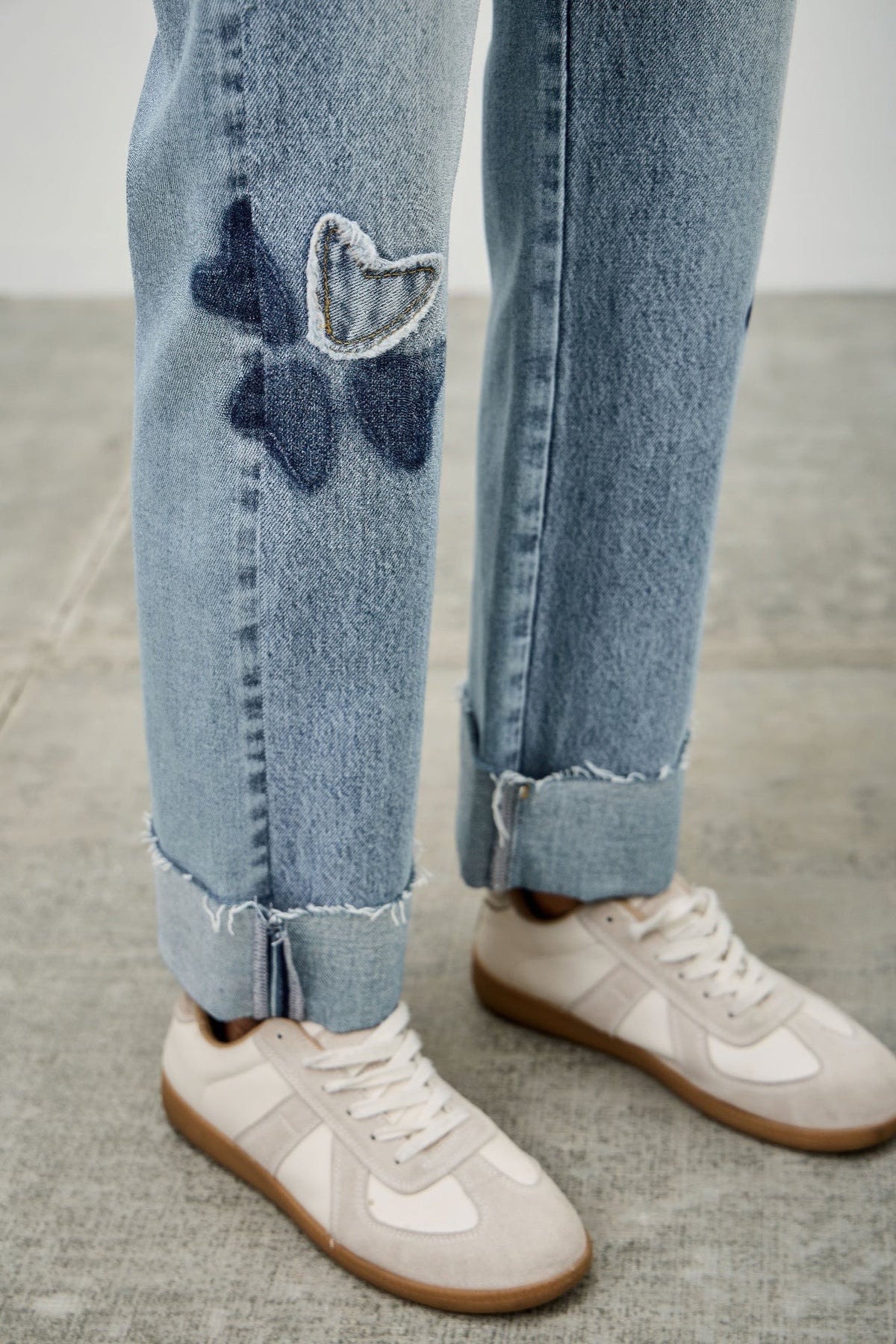 High Rise Star &amp; Heart Patched Dad Jean W/stretch
