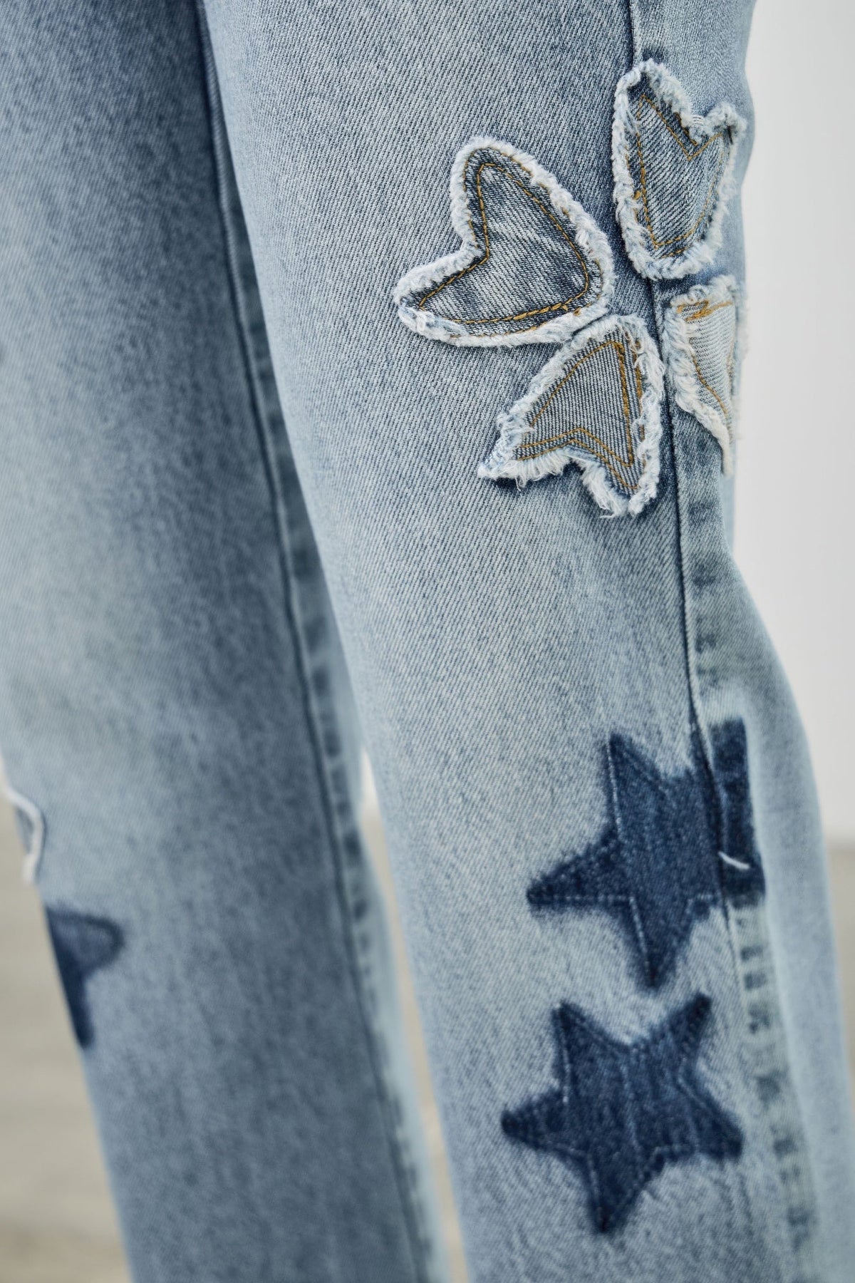 High Rise Star &amp; Heart Patched Dad Jean W/stretch