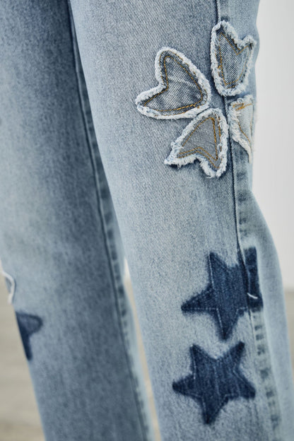 High Rise Star &amp; Heart Patched Dad Jean W/stretch