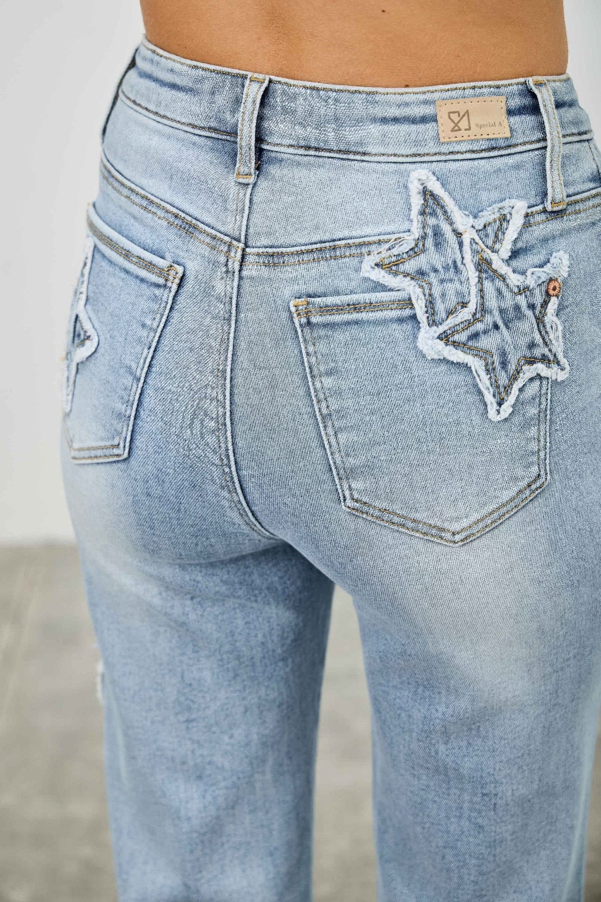 High Rise Star &amp; Heart Patched Dad Jean W/stretch
