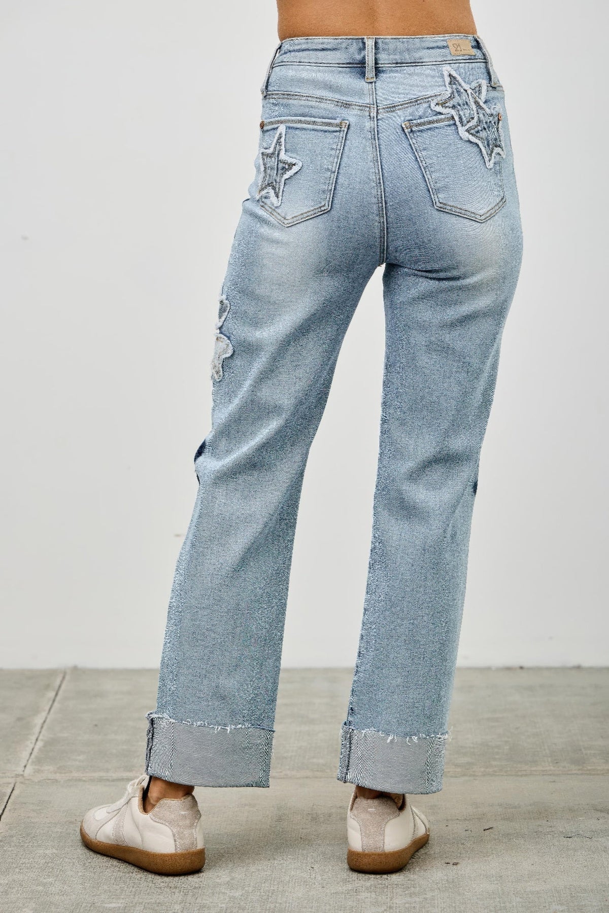 High Rise Star &amp; Heart Patched Dad Jean W/stretch