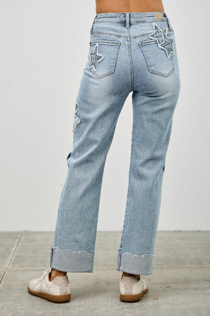 High Rise Star &amp; Heart Patched Dad Jean W/stretch