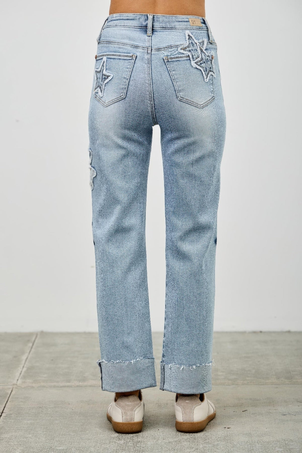 High Rise Star &amp; Heart Patched Dad Jean W/stretch