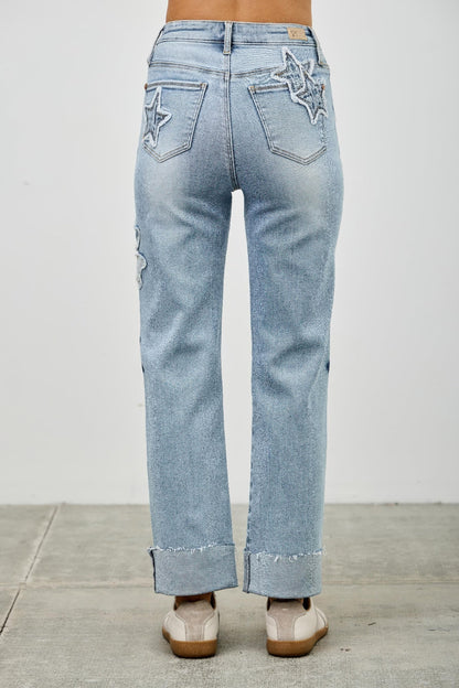 High Rise Star &amp; Heart Patched Dad Jean W/stretch
