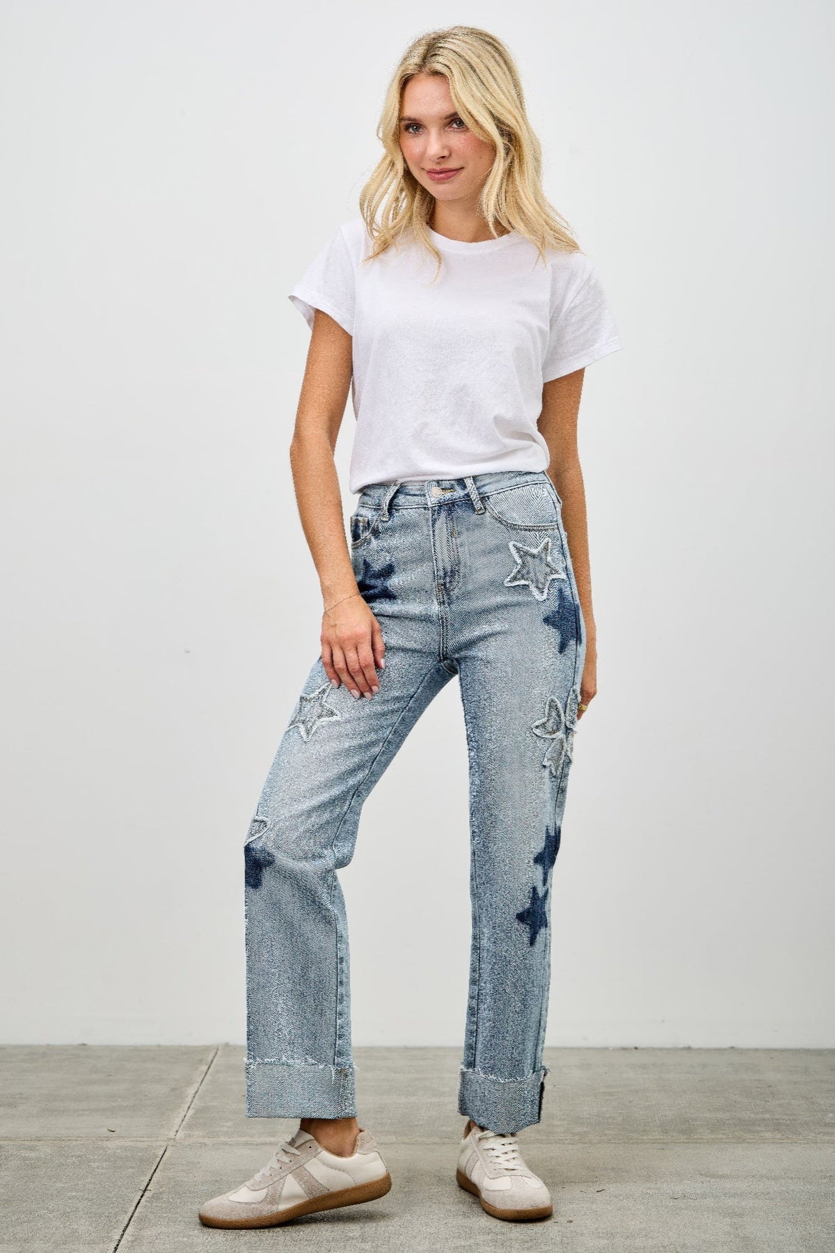 High Rise Star &amp; Heart Patched Dad Jean W/stretch