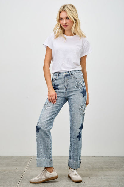 High Rise Star &amp; Heart Patched Dad Jean W/stretch
