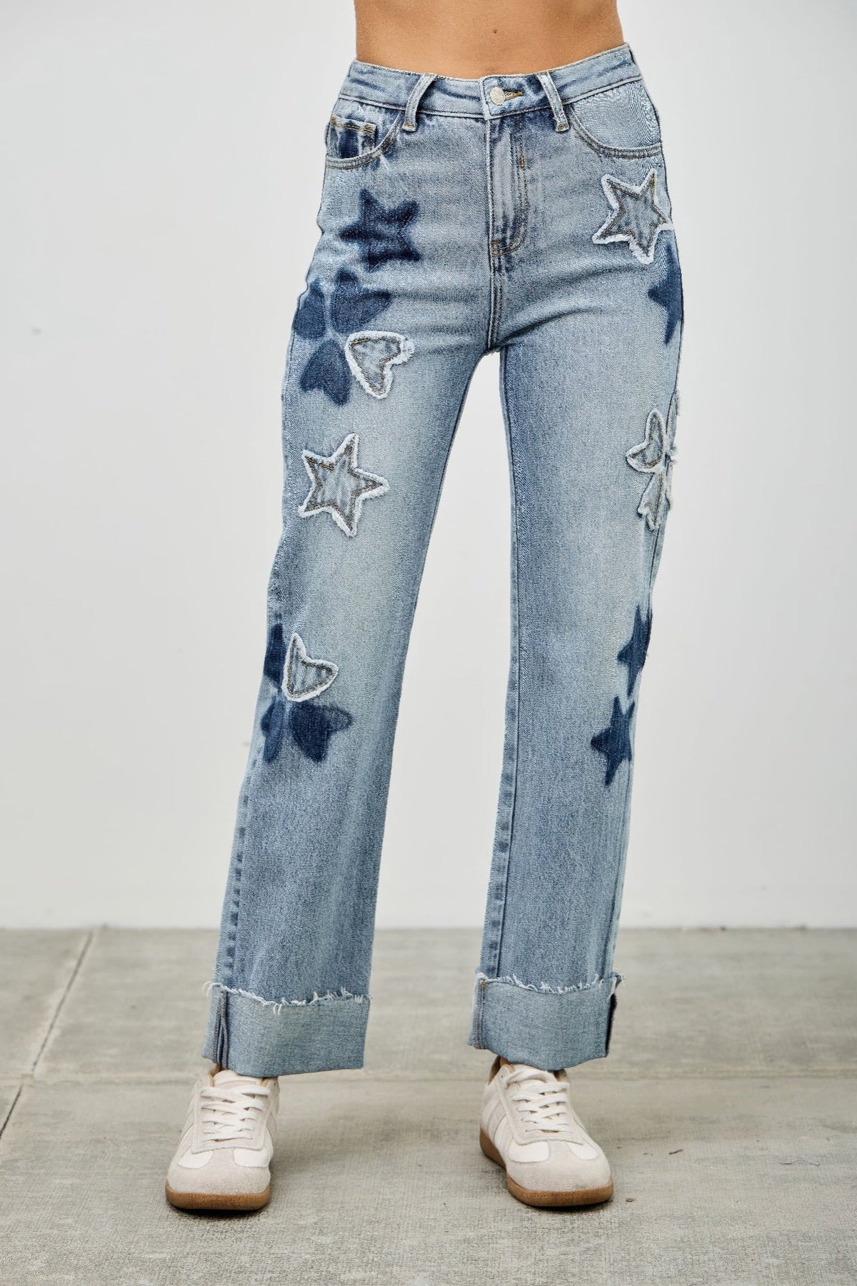 High Rise Star &amp; Heart Patched Dad Jean W/stretch