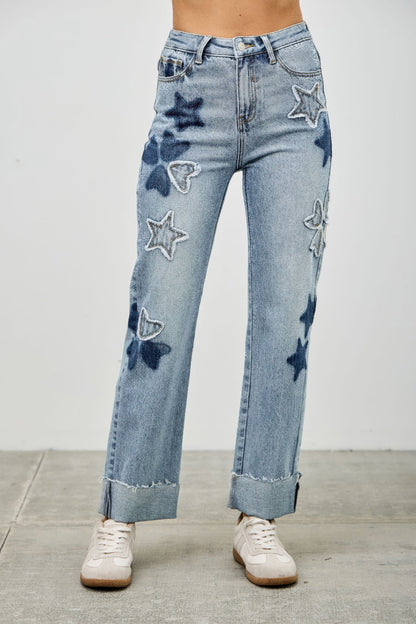High Rise Star &amp; Heart Patched Dad Jean W/stretch