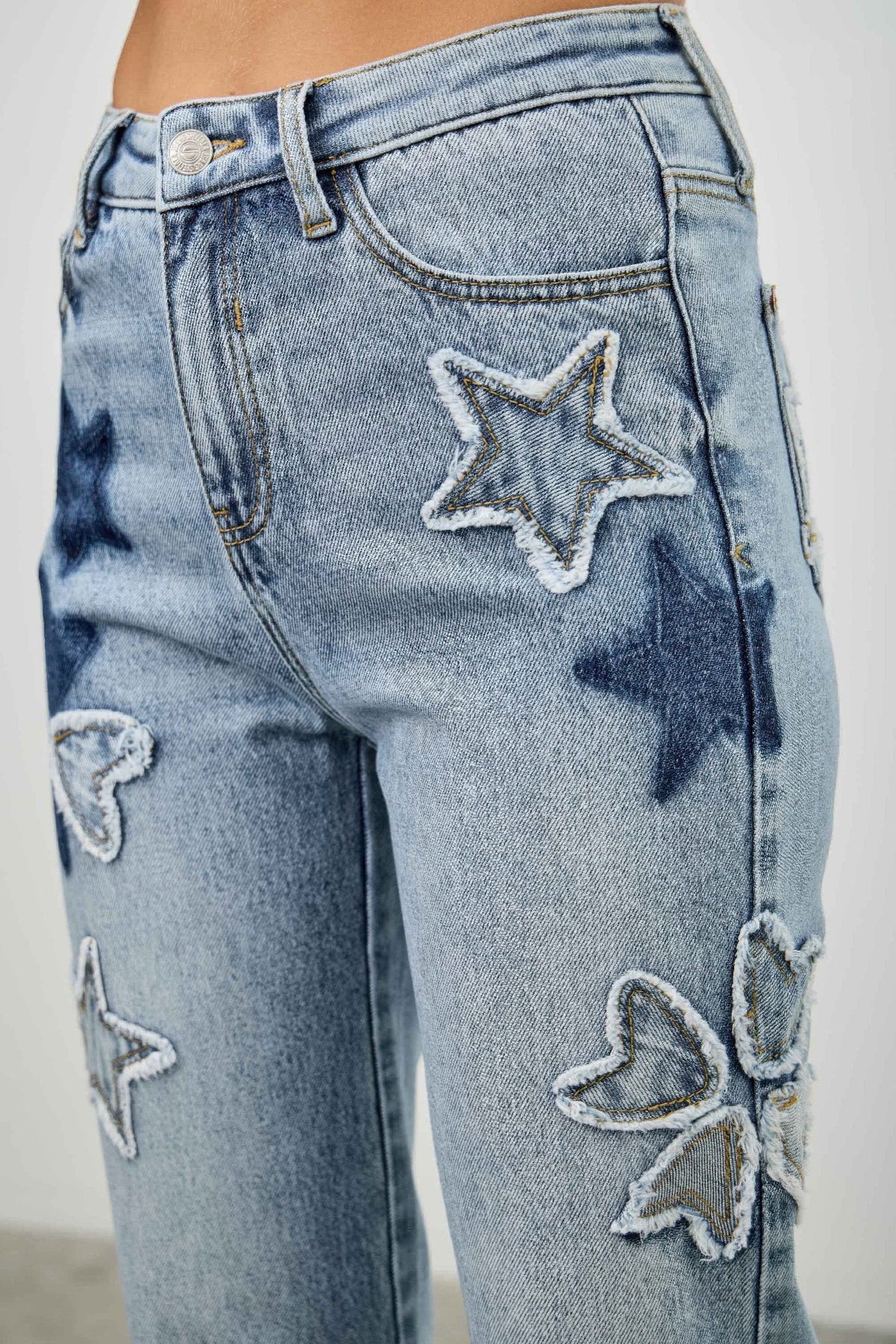 High Rise Star &amp; Heart Patched Dad Jean W/stretch