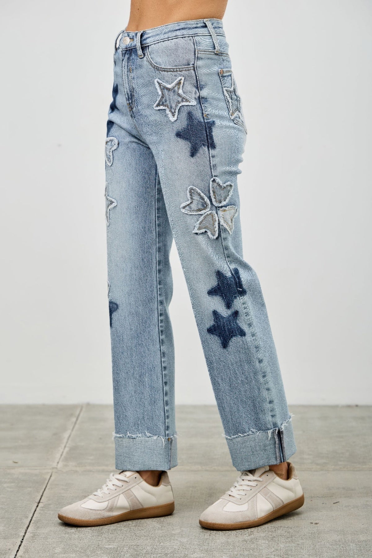High Rise Star &amp; Heart Patched Dad Jean W/stretch