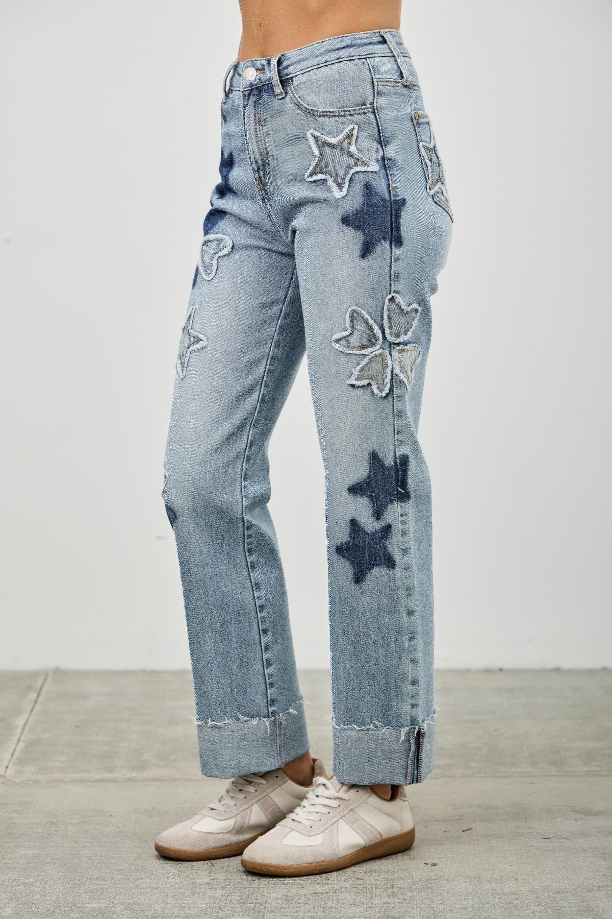 High Rise Star &amp; Heart Patched Dad Jean W/stretch