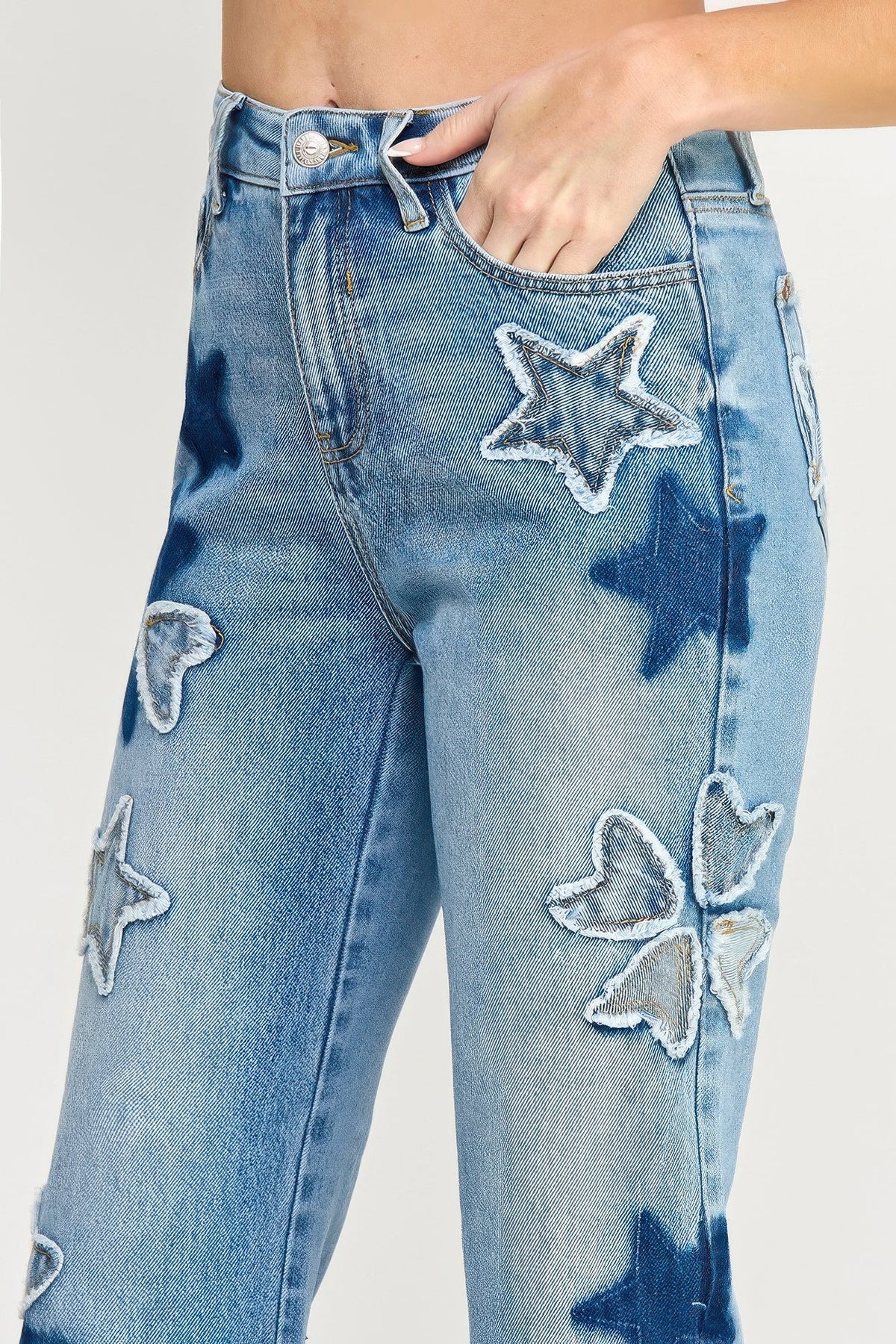 High Rise Star &amp; Heart Patched Dad Jean W/stretch