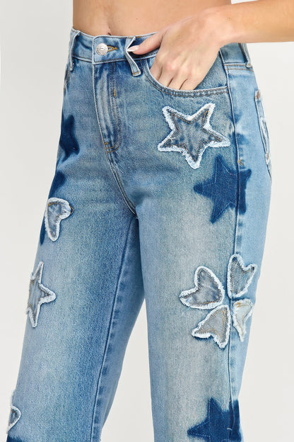 High Rise Star &amp; Heart Patched Dad Jean W/stretch