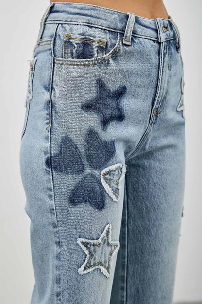 High Rise Star &amp; Heart Patched Dad Jean W/stretch