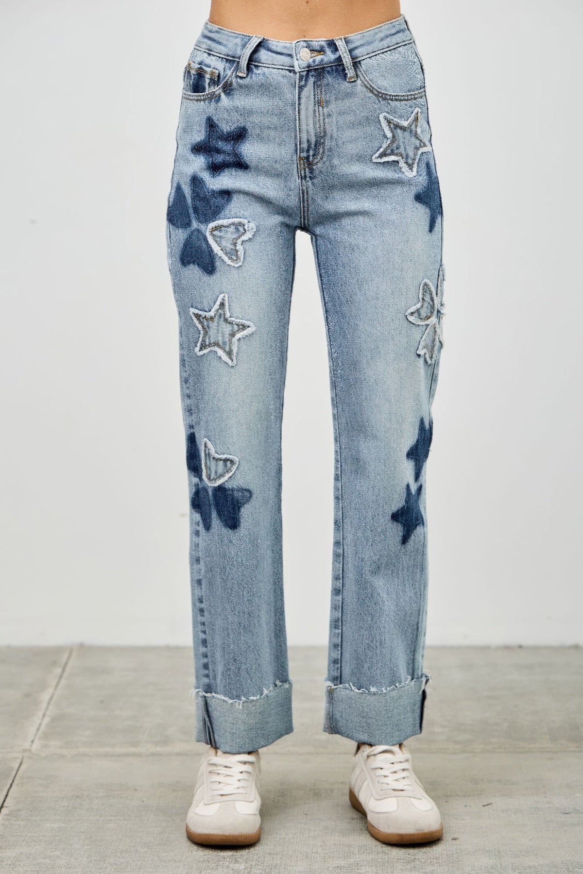 High Rise Star &amp; Heart Patched Dad Jean W/stretch