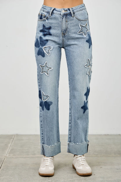High Rise Star &amp; Heart Patched Dad Jean W/stretch