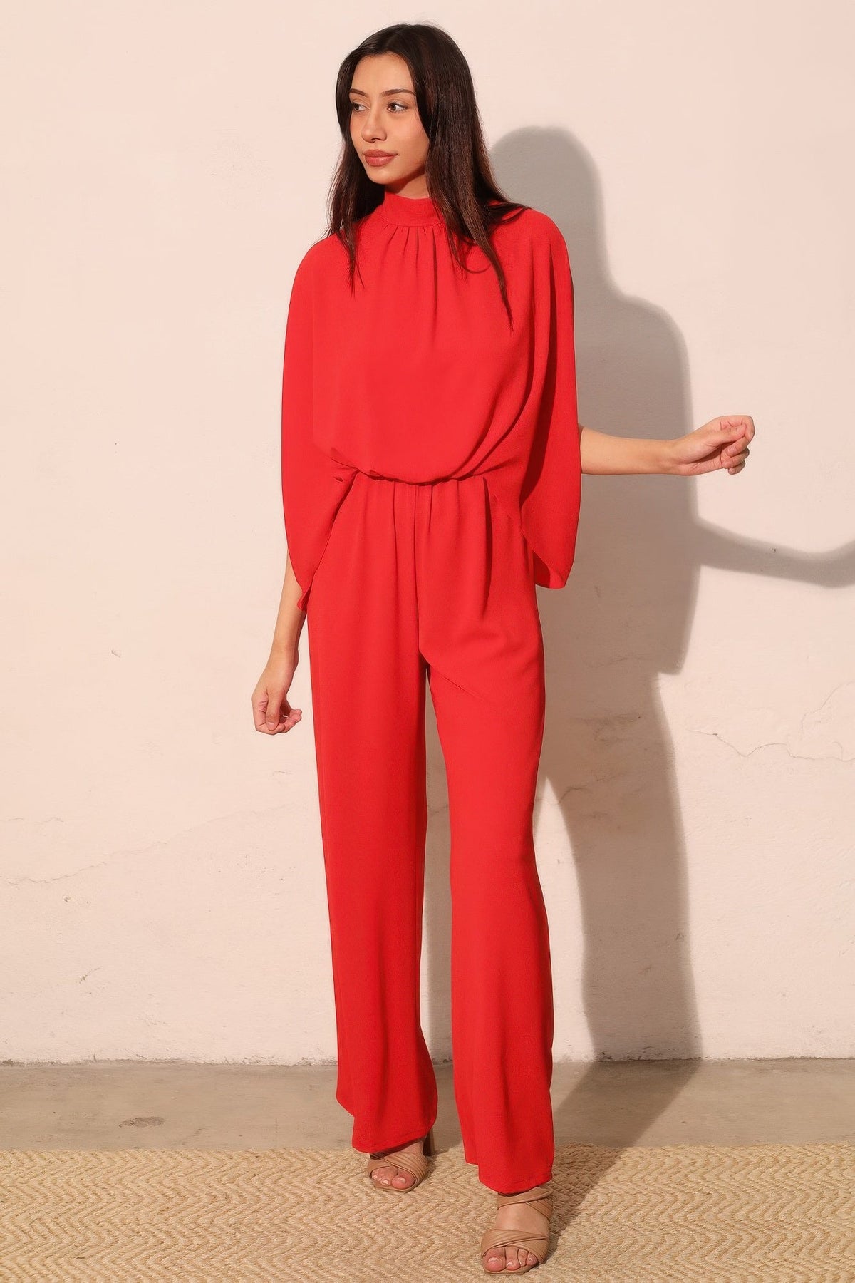 Textured Solid Mock Neck Caftan Jumpsuit