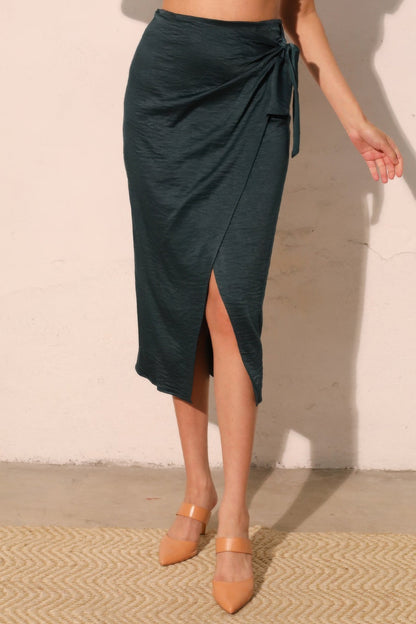 Washed Satin Crepe Side Wrap Midi Skirt