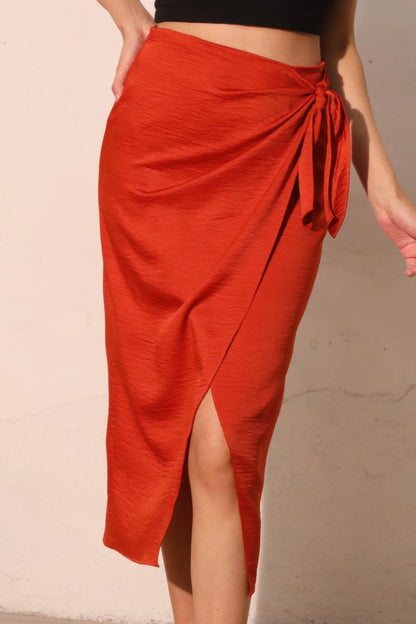 Washed Satin Crepe Side Wrap Midi Skirt