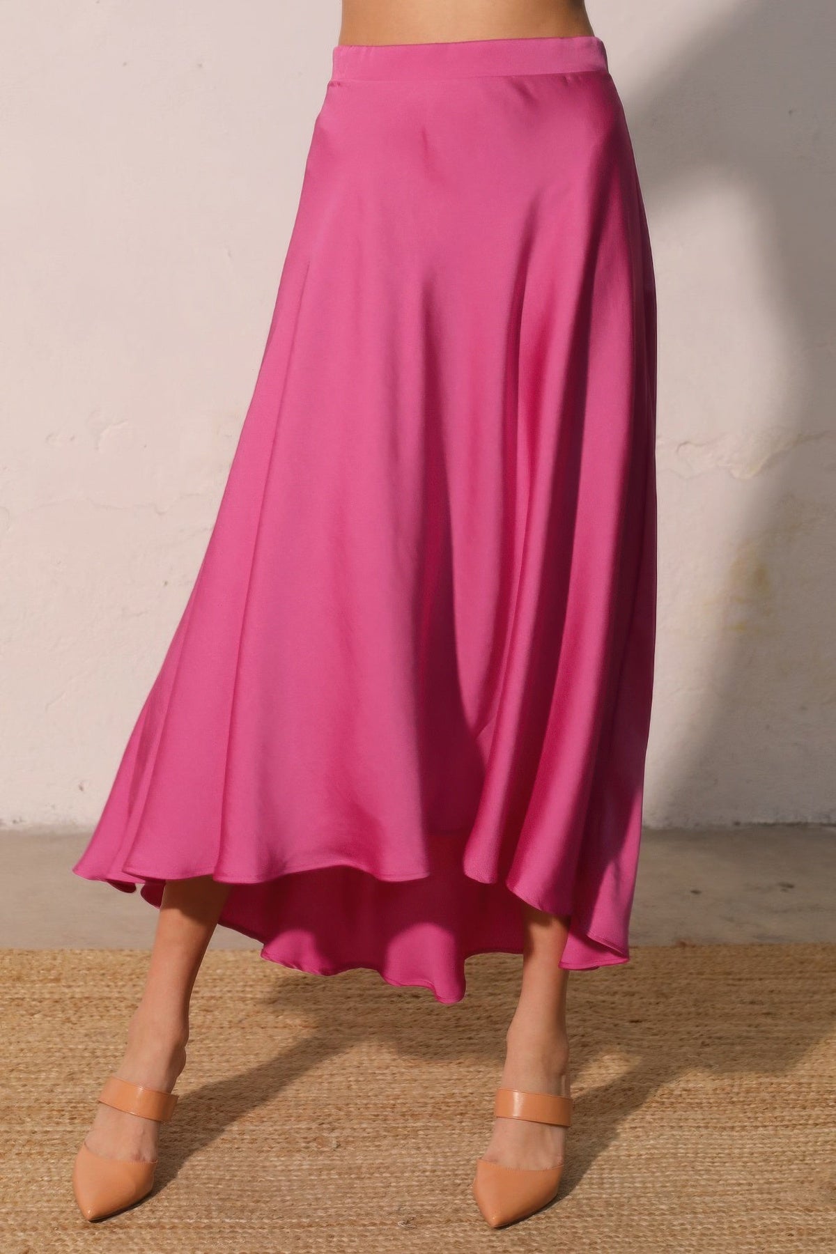Washed Poly Silk Midi Swing Skirt