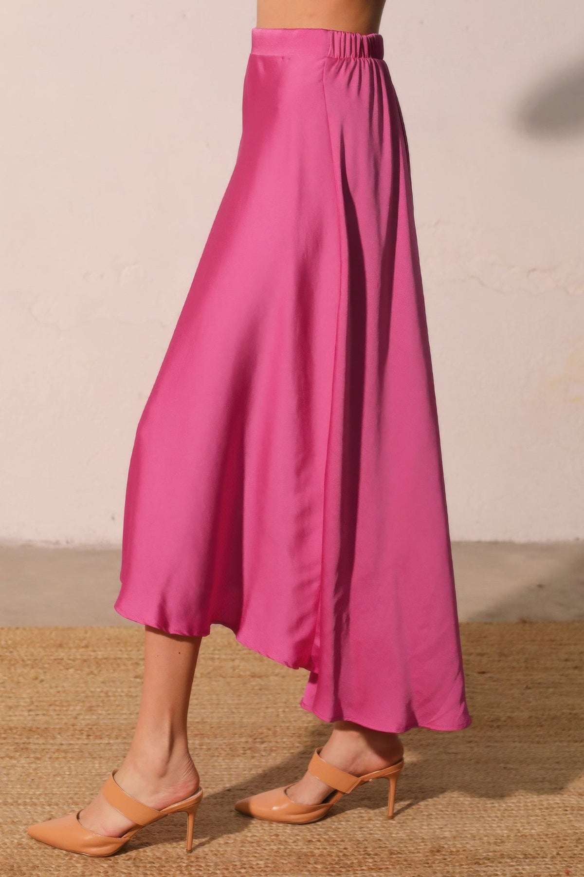 Washed Poly Silk Midi Swing Skirt