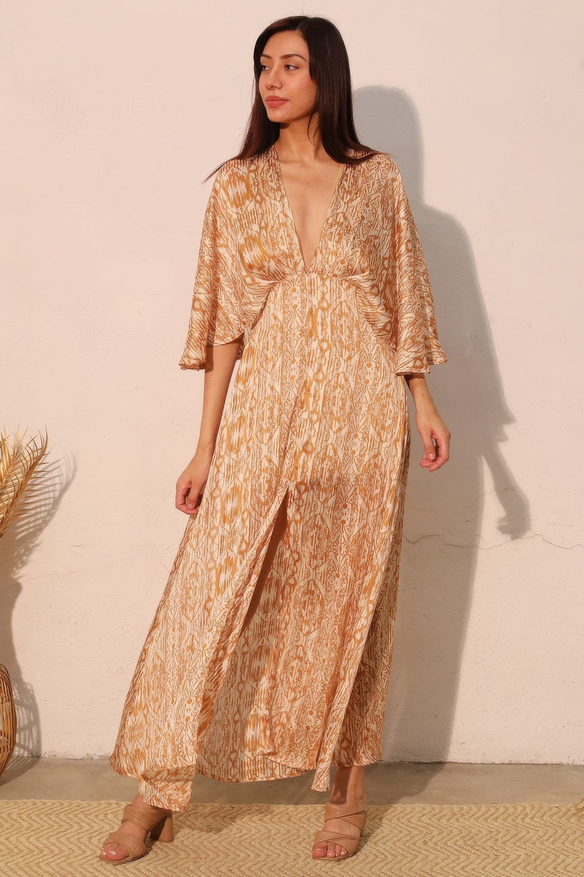Bohemian Lurex Chiffon Cape Maxi Dress