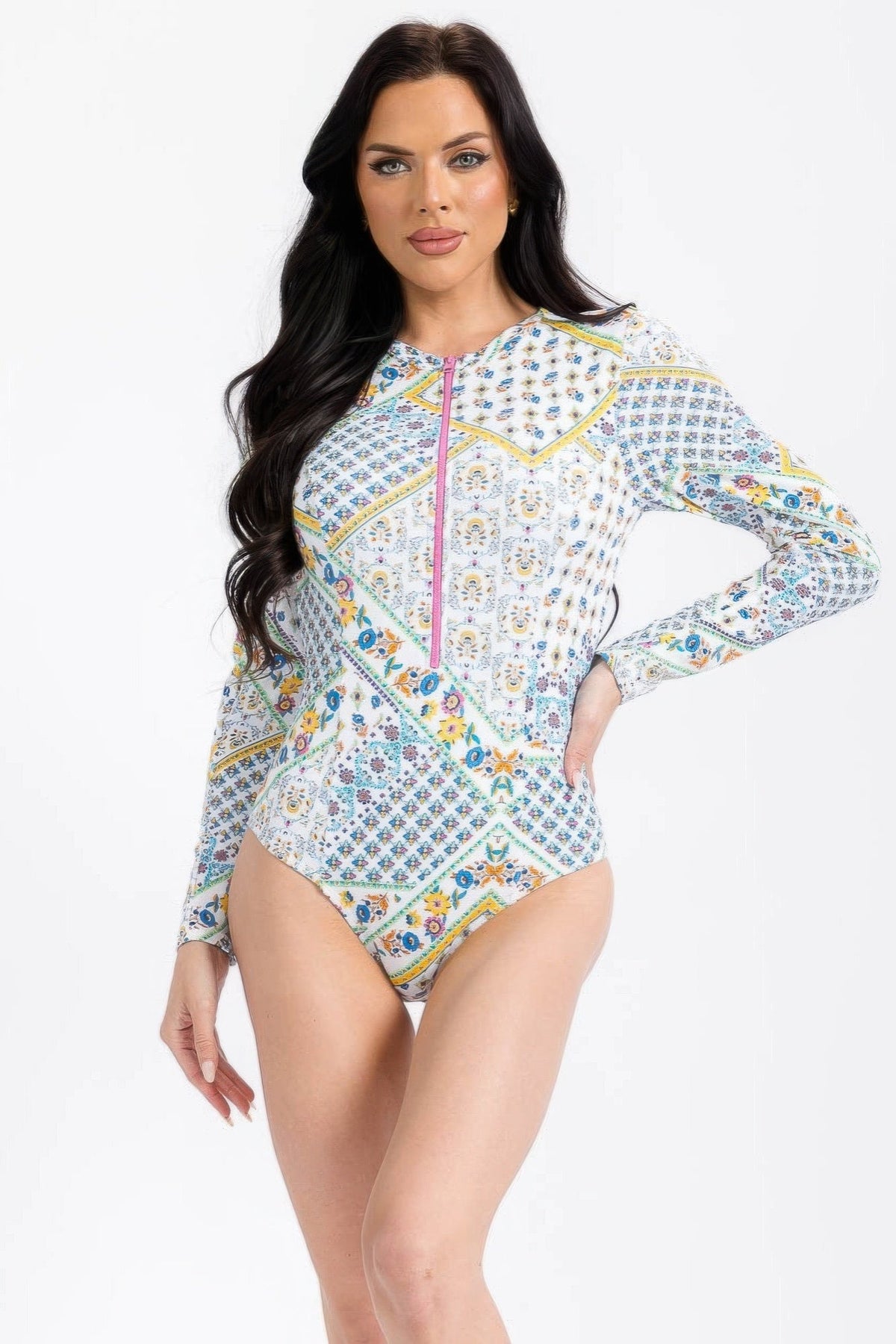 White Flower Print Long Sleeve Swimsuit