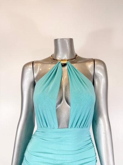 Strapless Necklace Detail Open Back Midi Dress