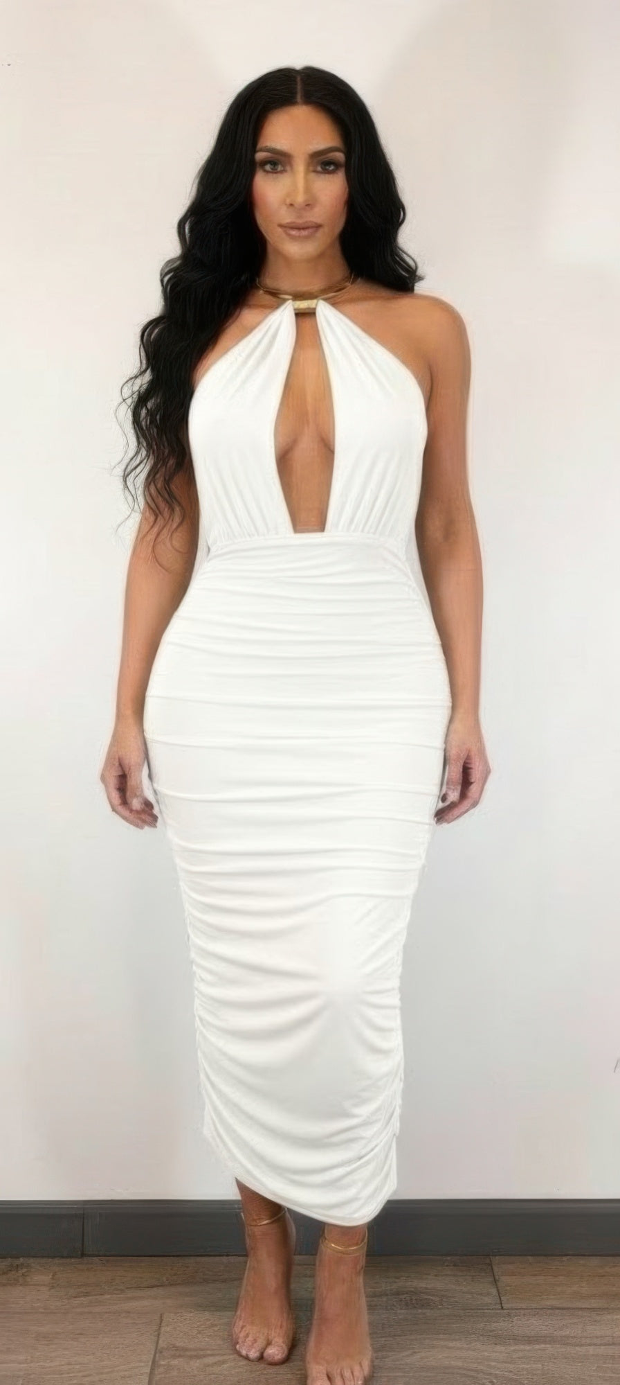Strapless Necklace Detail Open Back Midi Dress
