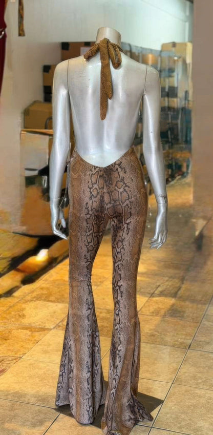 Snake Print Tie Open Back Jumpsuit