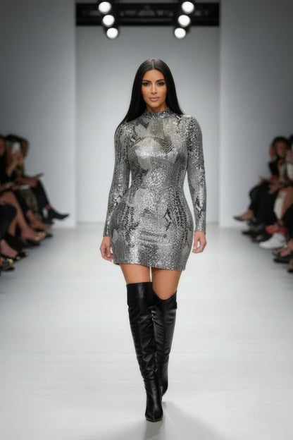 Long Sleeve Body Con Pu Silver Snake Mini