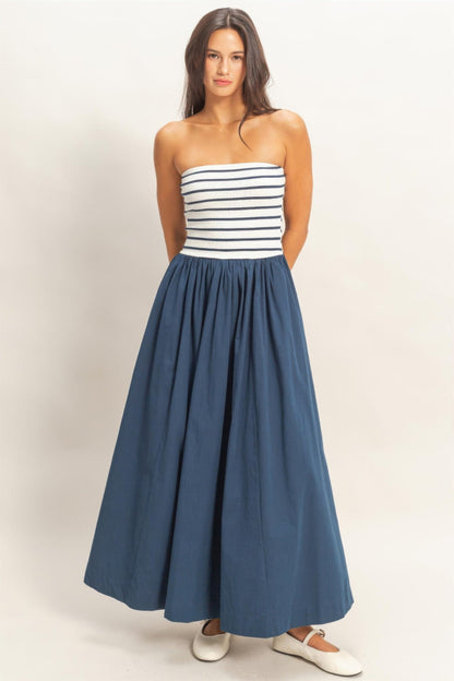 Striped Strapless Flowy Midi Dress