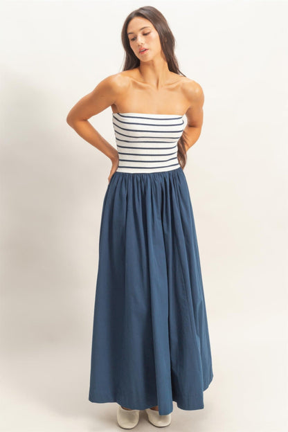 Striped Strapless Flowy Midi Dress