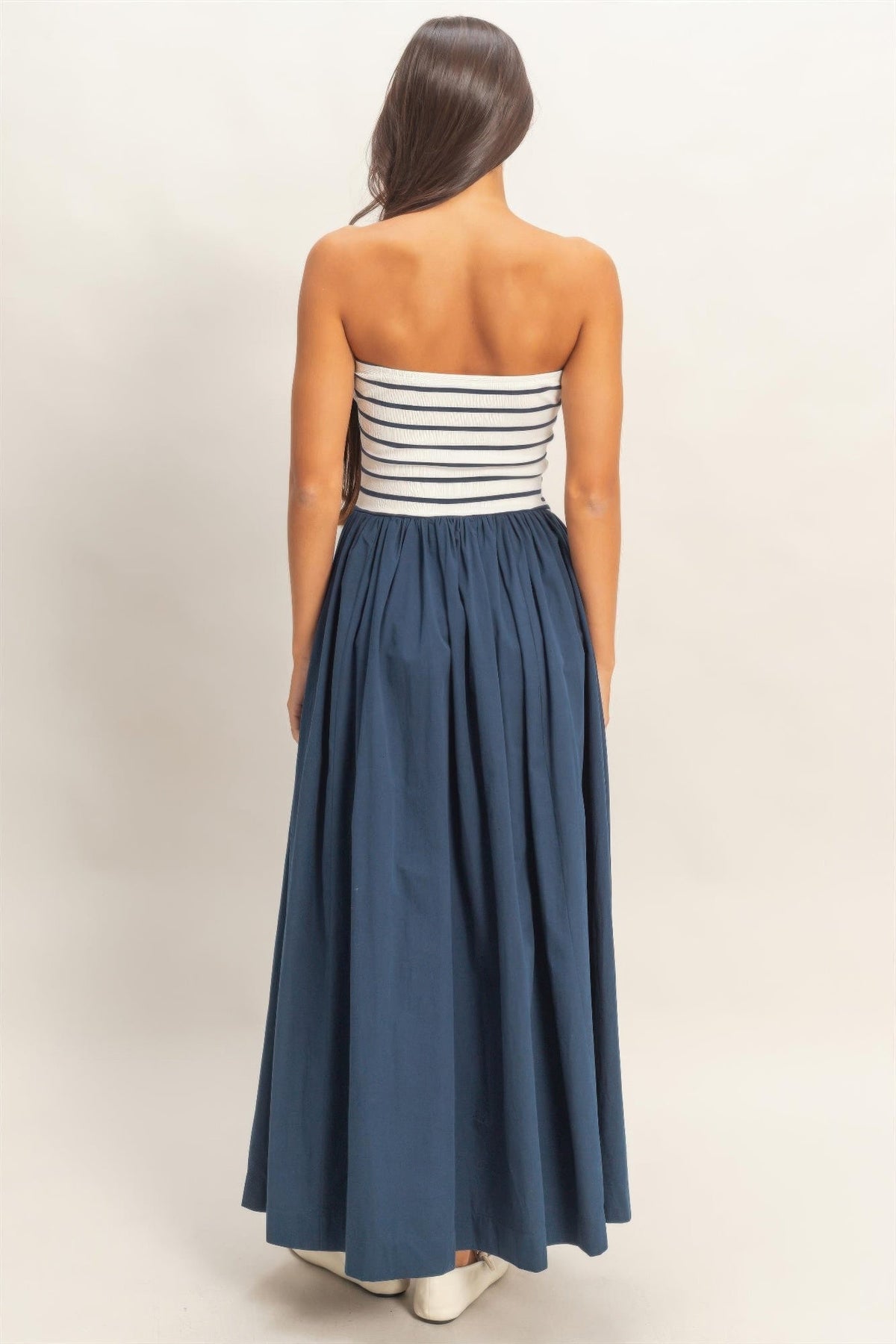 Striped Strapless Flowy Midi Dress