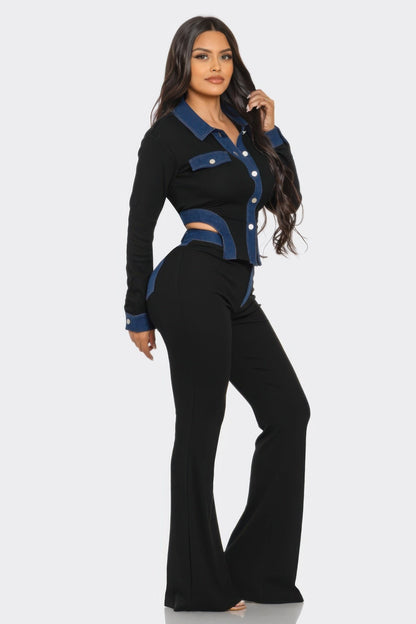 Denim Contrast Pants Set